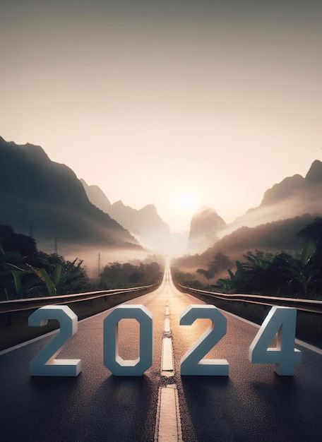 neues Jahr 2024 ein Bild einer Autobahn mitten in der Natur kopieren Raum Hintergrund generative ai