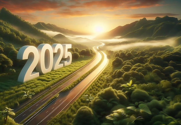 neues Jahr 2025 ein Bild einer Autobahn mitten in der Natur kopieren Raum Hintergrund generative ai Kunst
