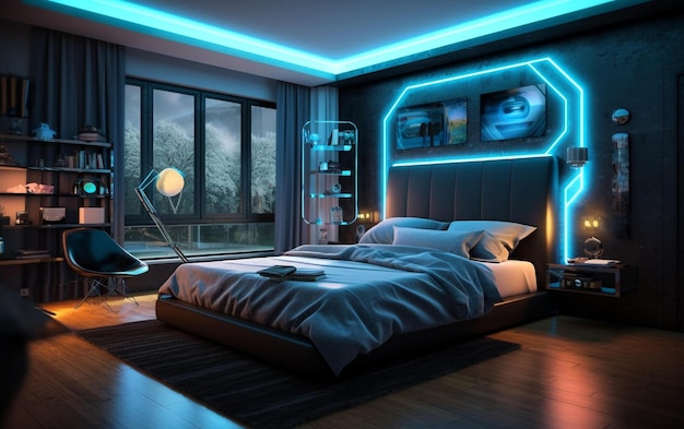 Neues Schlafzimmer in Cyan und Schwarz mit dramatischer Beleuchtung und elegantem Dekor mit generativer KI