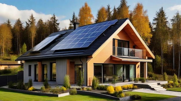 Neues Vorstadthaus mit Photovoltaikanlage auf dem Dach Modernes umweltfreundliches Passivhaus
