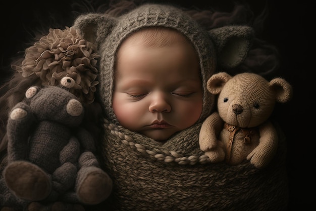 Neugeborenes Baby, das in einer Strickmütze mit Teddybär schläft Generative KI