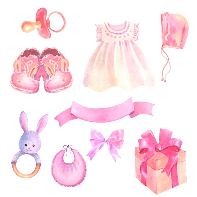 Neugeborenes Baby Girl Clipart Set Aquarell handgezeichnete Illustrationen mit rosa Elementen für Babyparty