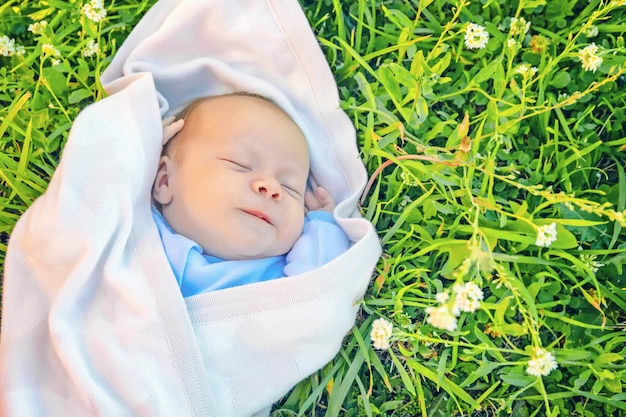 Neugeborenes Baby in der Windel lächelnd schläft im Freien auf mit Gras und Blumen an einem sonnigen warmen Tag, glückliche sorglose Kindheit