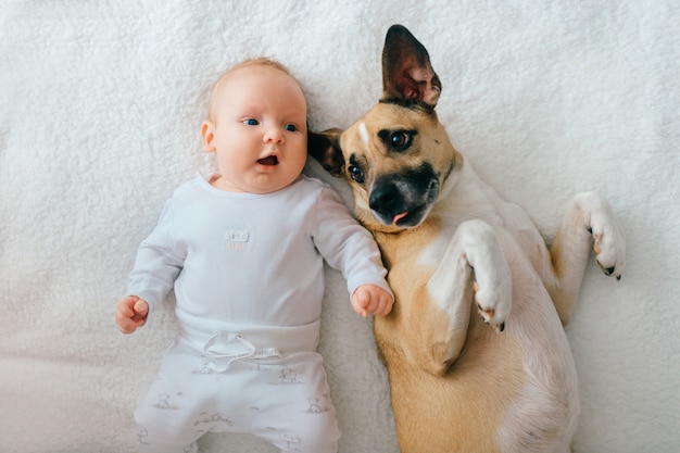 Neugeborenes Baby liegend mit lustigem Welpen auf Bett.