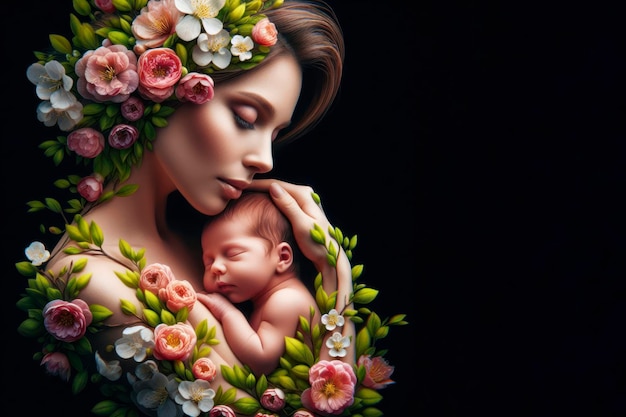 Neugeborenes Baby mit wunderschöner Mutter gebildet aus blühenden Frühlingsblumen und grünen Blättern ai generativ