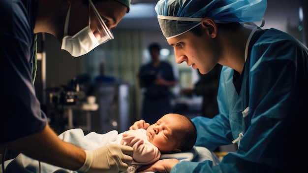 Neugeborenes Baby wird wenige Minuten nach der Geburt von einem Kinderarzt untersucht