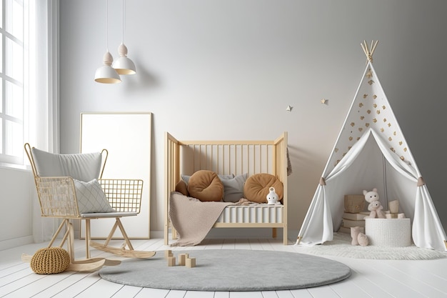 Neugeborenes Schlafzimmer mit hölzernem Wiegenstuhl-Teppichlampen-Wandposter