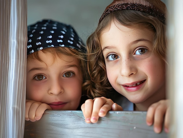 Neugier und Sparkle Zwei junge Mädchen, die mit spielerischer Neugier hinter einem Vorhang ausschauen, ihre Augen leuchtend und ihre Gesichter von Pailletten-Kopfbändern eingerahmt.