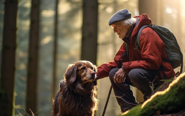 Neugierige ältere Person und Welpe begeben sich auf eine Naturerkundung