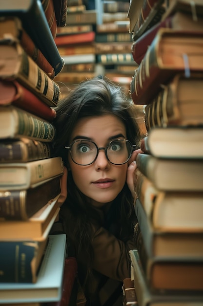 Neugierige Frau späht durch Bücherhaufen