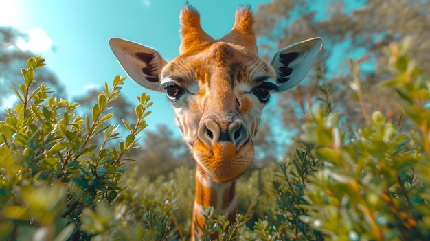 Neugierige Giraffe späht in einer ruhigen Umgebung durch das Grün, Nahaufnahme des Giraffengesichts in der Natur-KI