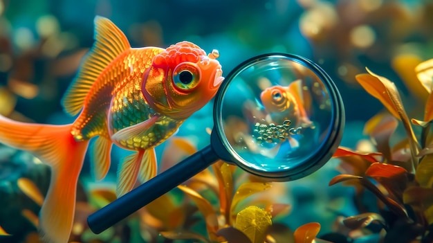 Neugierige Goldfische untersuchen Blasen durch eine Lupe