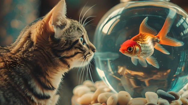 Foto neugierige katze beobachtet einen goldfisch in einer kleinen schüssel hauskatze trifft auf ein wassertier, das neugier und faszination repräsentiert intime pet-momente, die in lebendiger fotografie erfasst werden ki