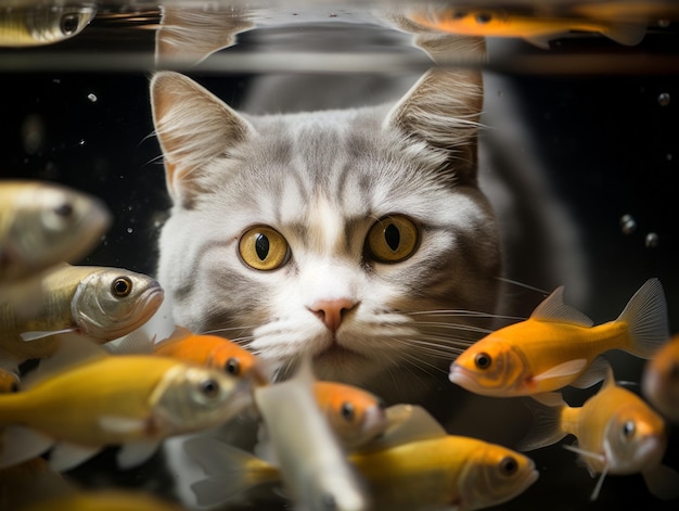 Foto neugierige katze blickt fasziniert in ein offenes aquarium