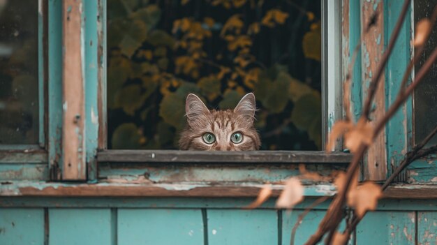 Neugierige Katze, die aus dem Fenster schaut und die Welt vorbei sieht