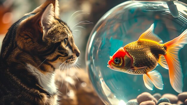 Foto neugierige katze, die einen goldfisch in einer schüssel beobachtet ein moment der neugier zwischen den arten haustier trifft auf aquatisches leben ki