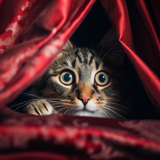 Neugierige Katze späht hinter einem Vorhang raus
