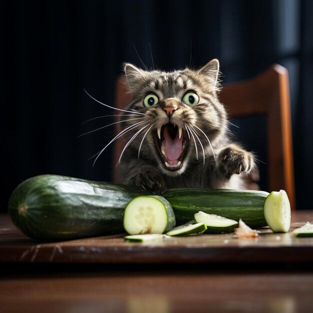 Foto neugierige katzensnacks auf einem gurkenfest am tisch