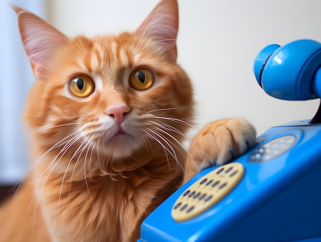 Neugierige orangefarbene Katze, die aufmerksam ein vintage 2000sera blaues Telefon studiert