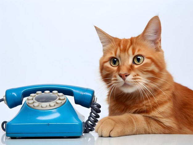 Neugierige orangefarbene Katze, die aufmerksam ein vintage 2000sera blaues Telefon studiert