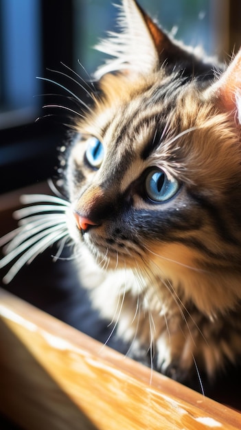 Foto neugierige schildkrötenkatze beobachtet ihren besitzer, wie er sein fell mit einem blauen pinsel kämmt