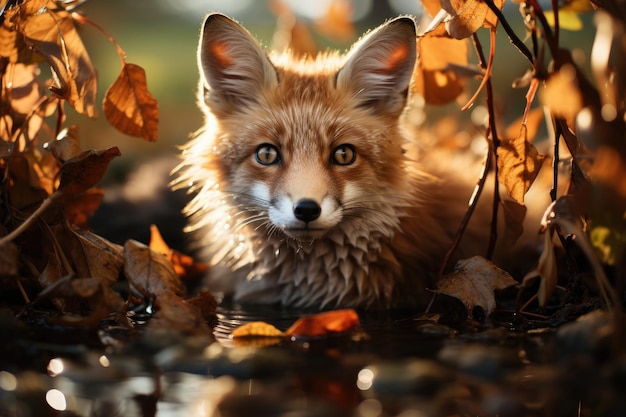 Neugieriger Fuchs auf der Herbstlichtung, eingehüllt in goldenes Laub, generativ IA