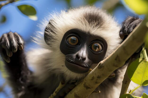 neugieriger Gibbon erforscht mit seinen langen Pfoten die Baumkronen