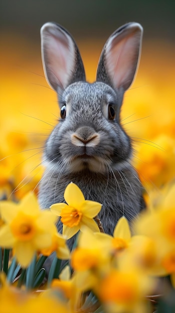 Neugieriger grauer Hase inmitten gelber Narzissen im Frühling Nahaufnahme eines Kaninchens in einem Blumenfeld Natur- und Wildtierkonzept KI