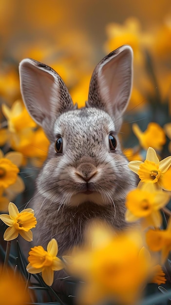 Neugieriger Hase inmitten leuchtend gelber Blumen, eingefangen auf einer ruhigen Wiese, ein perfektes Frühlingstagesporträt von AI