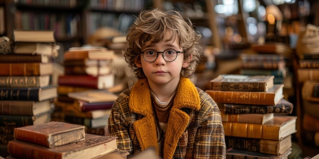Neugieriger junger Junge, umgeben von Büchern in einer antiken Bibliothek Konzept des Neugierigen Lernens und der literarischen Erforschung