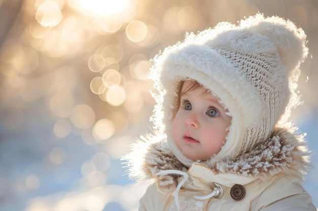 Neugieriges Baby im Winter im Freien