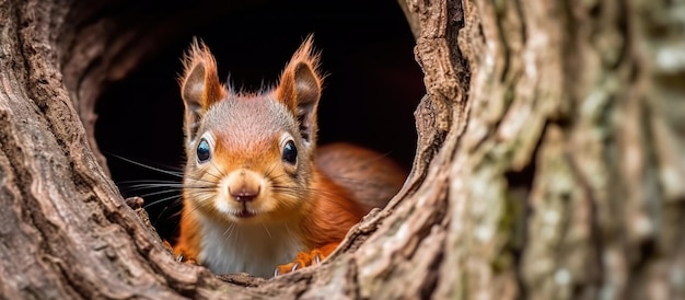 Neugieriges rotes Eichhörnchen späht hinter den Baumstamm. Generative KI