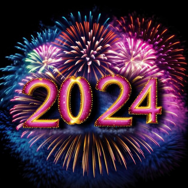 Neujahr 2024 ein Feuerwerk mit der Zahl 2024 davor