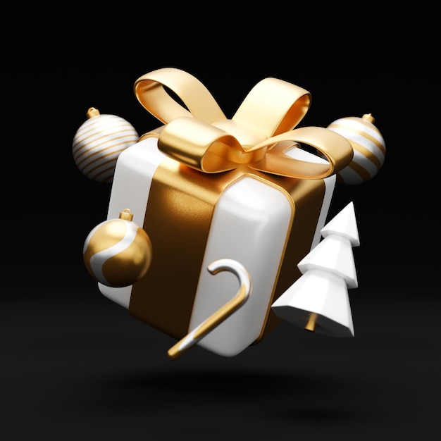 Neujahr und Weihnachten 3D-Design Gold und Weiß Realistische Geschenke Box Weihnachten Tanne Ball Süßigkeiten und dekorative Elemente Urlaub Banner 3D-Renderbild der Weihnachtsfeiertage