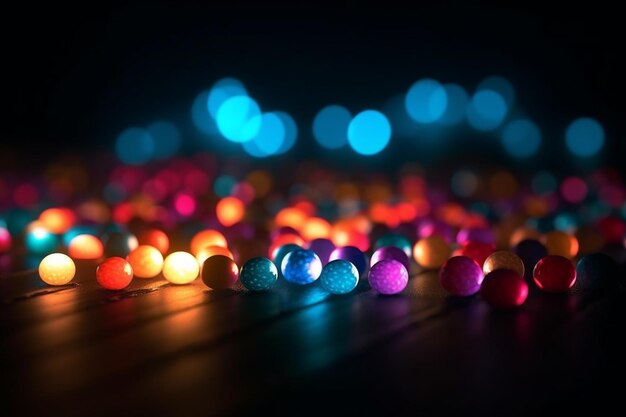 Neujahrs-Bokeh-Hintergrund, bunte Lichter auf einem dunklen, hellen, abstrakten Neon-Hintergrund, generative KI