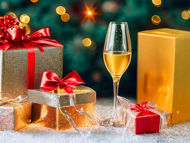 Neujahrs-Hintergrund Neujahr-Ferienkarte mit hellen Lichtern Geschenke und eine Flasche Champagner Bild do