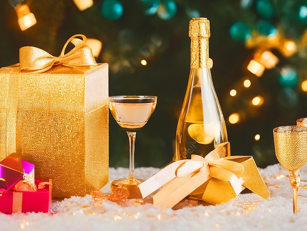 Neujahrs-Hintergrund Neujahr-Ferienkarte mit hellen Lichtern Geschenke und eine Flasche Champagner Bild do