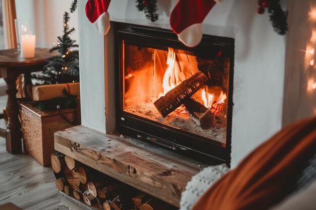 Neujahrs-Kamin, geschmückt mit einer Weihnachtssocke