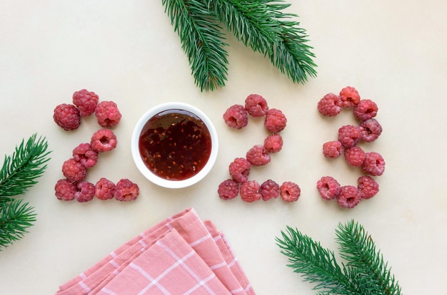 Neujahrs- und Weihnachtskonzept Text 2023 aus Himbeeren und Marmelade auf beigem Hintergrund Draufsicht