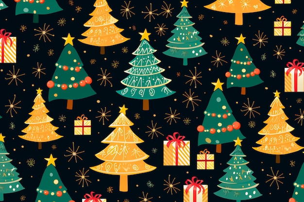 Neujahrs-Weihnachtsbaum- und Geschenkmuster-Hintergrundbild, KI generiert