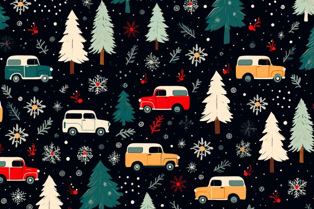 Neujahrs-Weihnachtsmuster aus Spielzeugautos und Weihnachtsbäumen. Hintergrundbild AI generiert