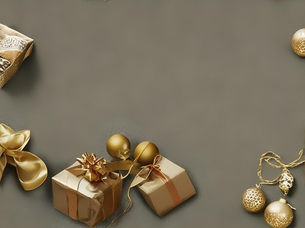 Neujahrsbanner mit Weihnachtsgeschenkkisten und goldenen Dekorationen auf Khaki-Hintergrund