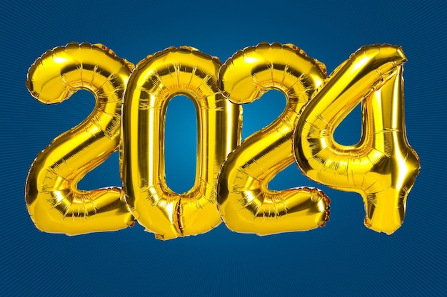 Neujahrsfeier 2024 goldgelbe Folien-Farbballons 2024 Luftballons auf blauem Hintergrund Party-Grußkarte Werbejubiläum