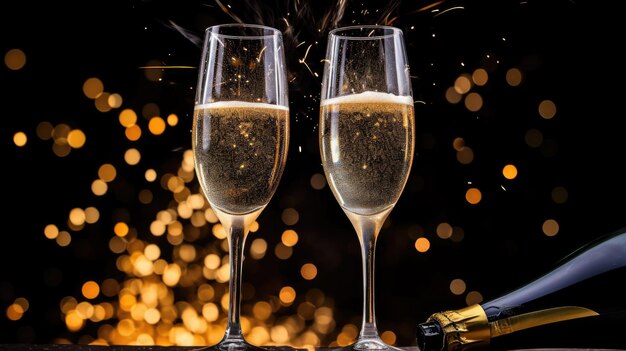 Neujahrsfeier mit Feuerwerk und Champagnergläsern