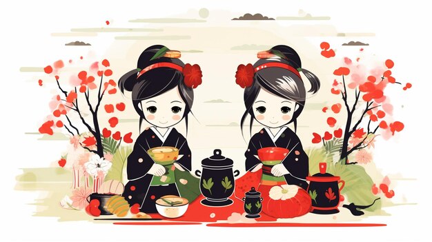 Neujahrsgrußkarte Schöne Cartoon-Kawaii-Mädchen in traditionellen Kostümen trinken Tee