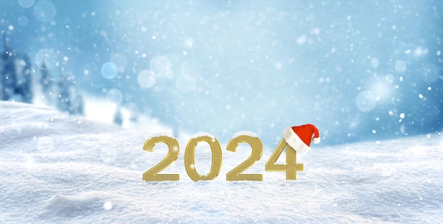 Neujahrshintergrund mit goldenen Zahlen 2024 und Weihnachtsmütze auf schönem schneebedecktem Hintergrund des neuen Jahres