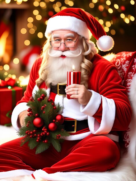 Neujahrsillustration Weihnachtsmann auf Weihnachtsgrund Weihnachtsbaum Neujahrsgeschenke