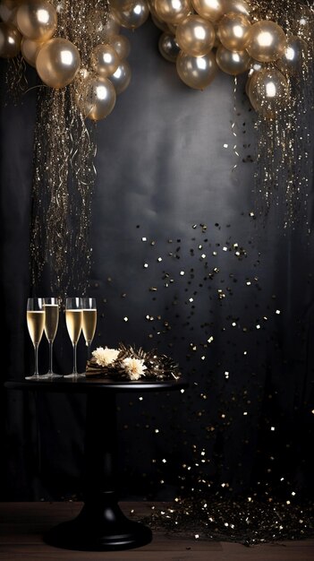 Foto neujahrskarte mit goldenem dekor feuerwerk champagnergläser konfetti dunkelgrau skala hintergrund