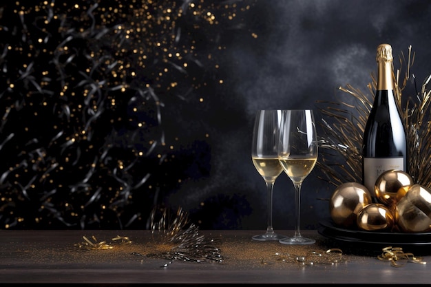 Neujahrskarte mit goldenem Dekor, Feuerwerk, Champagnergläser, Konfetti, dunkelgrauer Hintergrund.