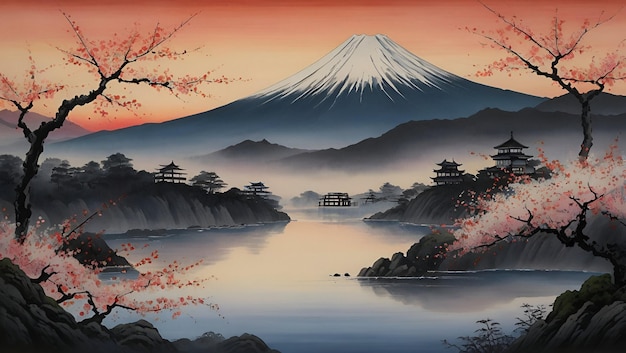 Neujahrskarte mit japanischer Zen-Landschaft im Hintergrund